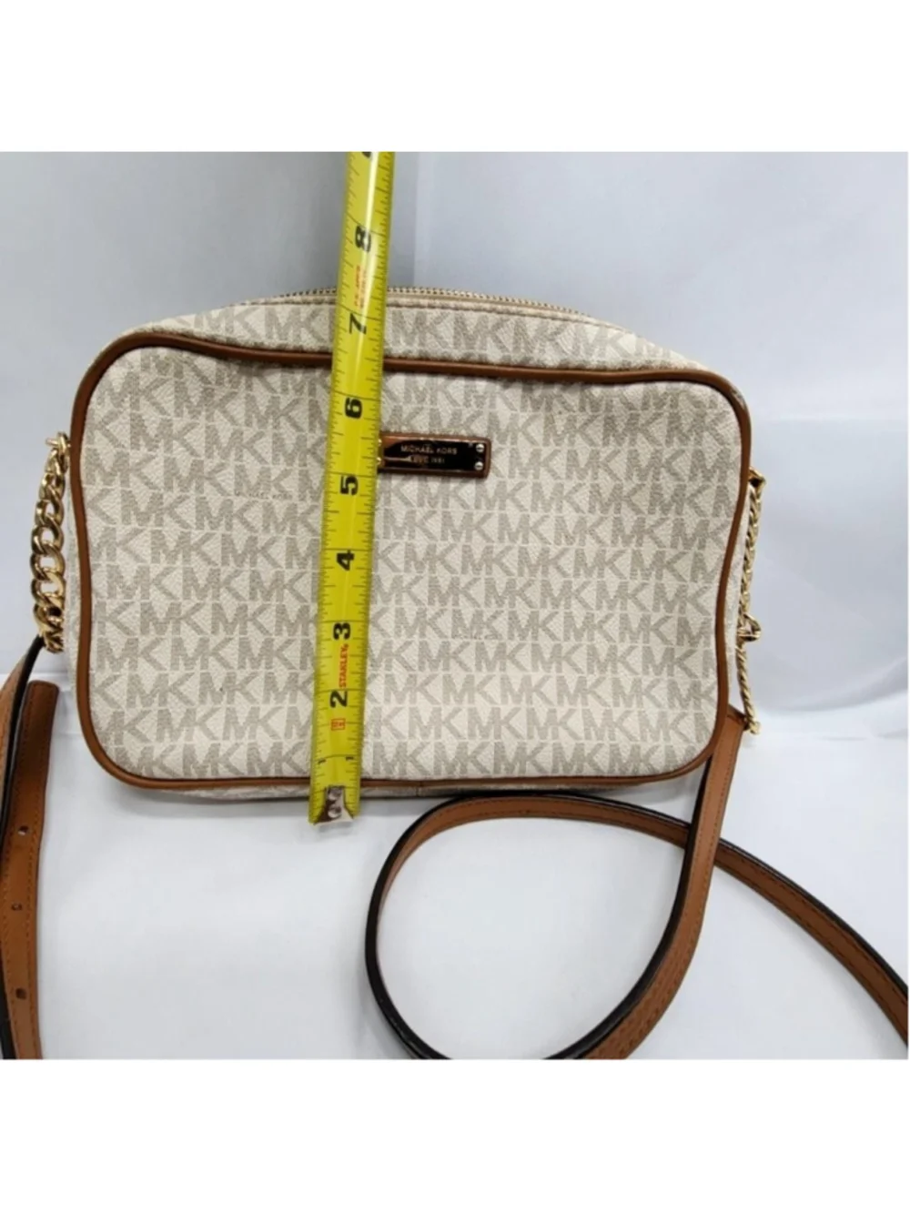Michael Kors Crossbody Bag Womens Small Beige Logo Canvas Leather Purse Zip
